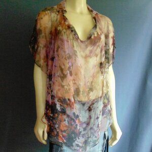 Haute Hippie Sheer Silk Water Color Floral Oversized Tunic Popover Top Small